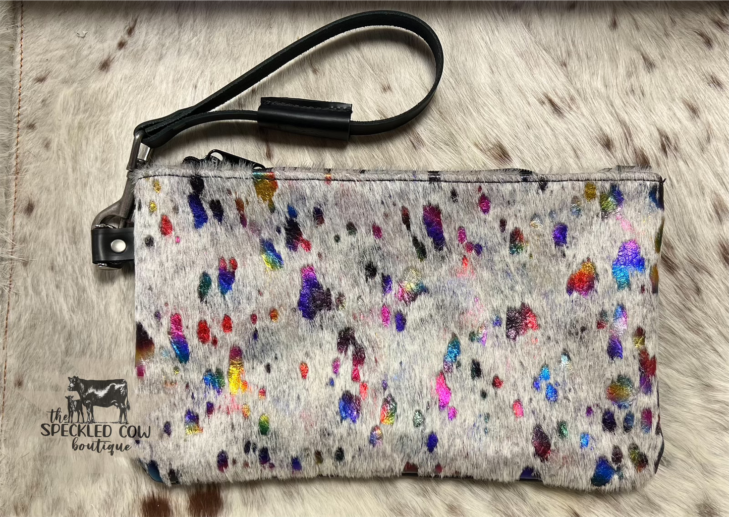 Large Rainbow Acid Wash Hair on Hide Wristlet