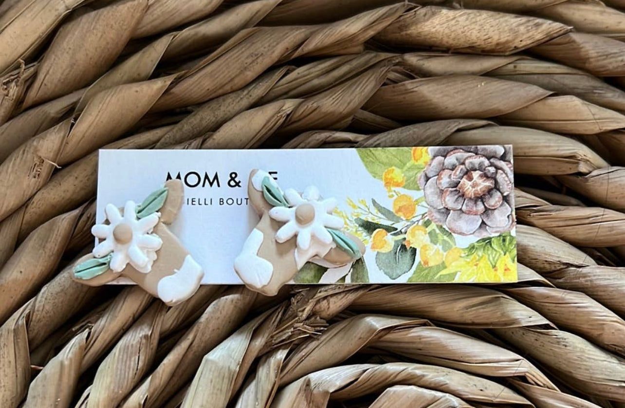 Tan and White Floral Cow Earrings