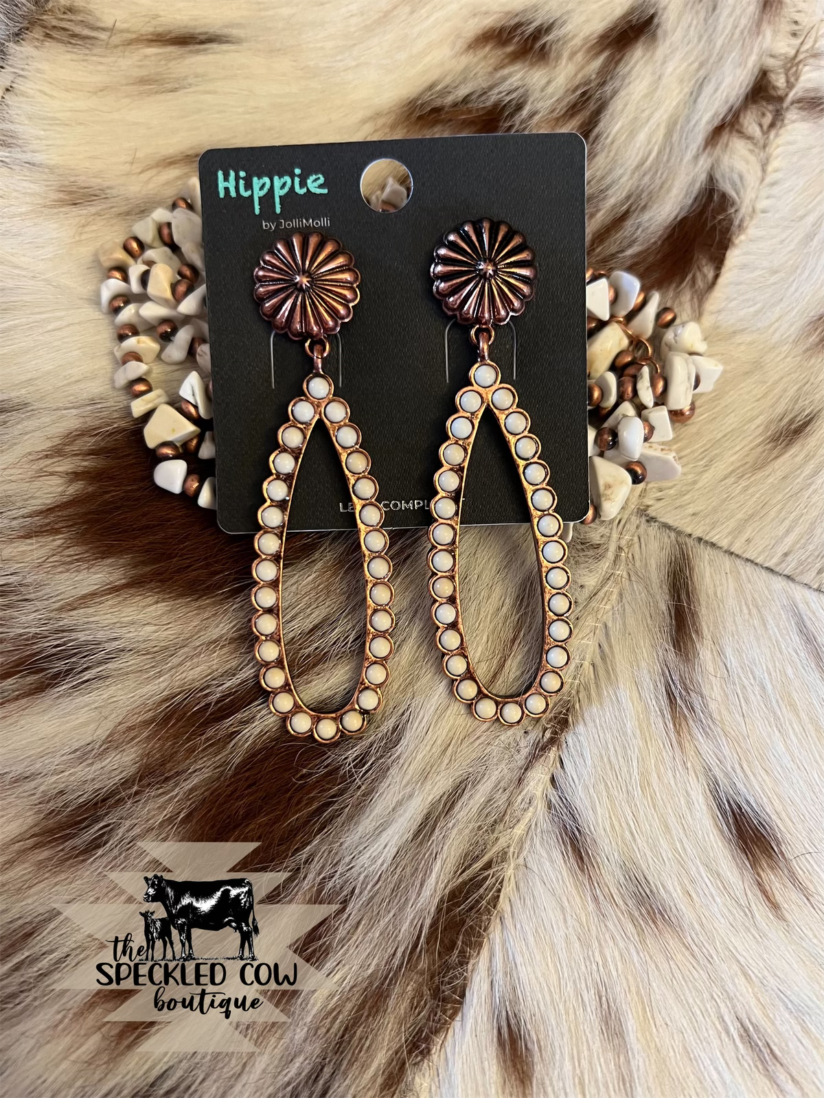 White Stone and Bronze Teardrop Earrings