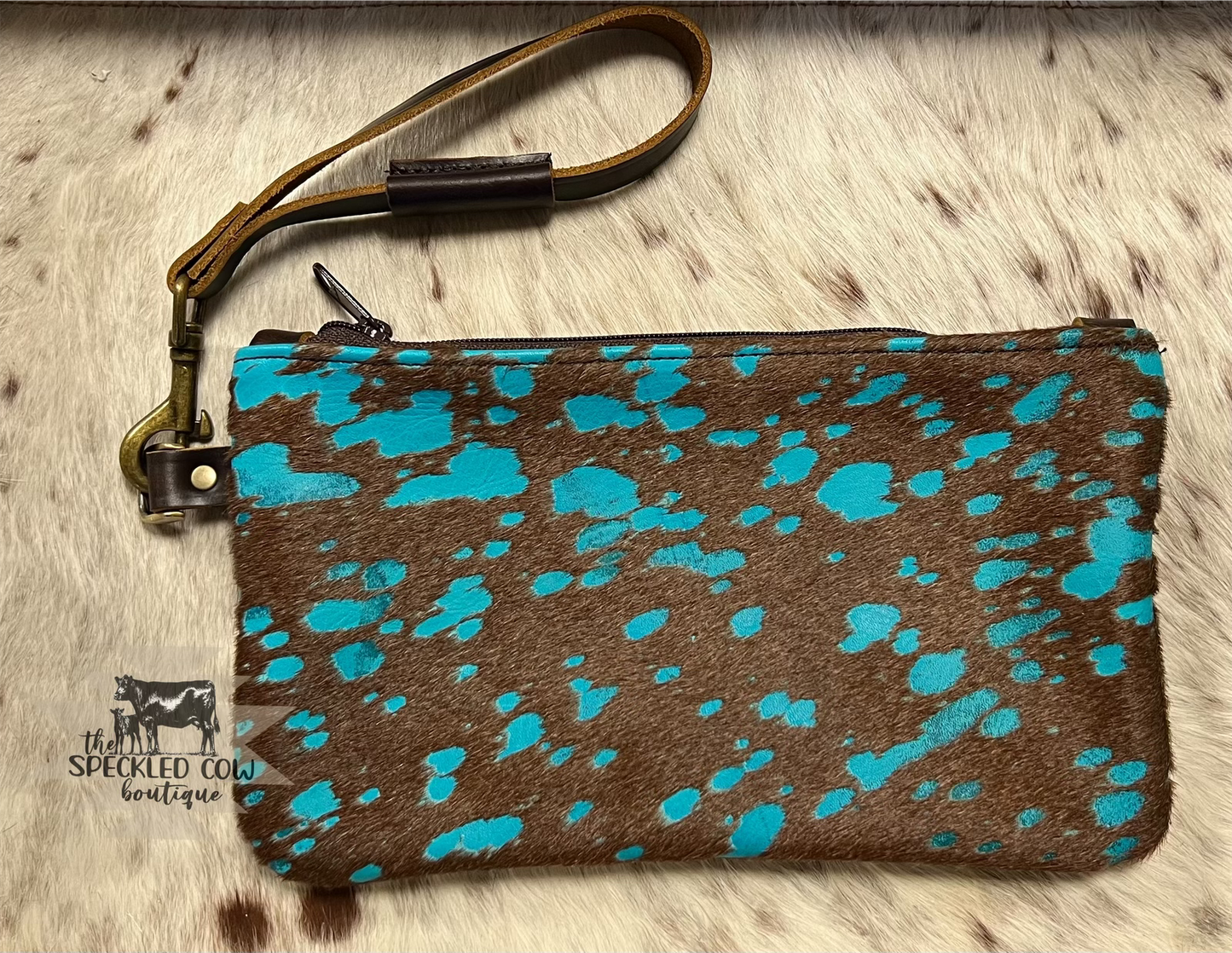 Large Turquoise Acid Wash Hair on Hide Wristlet