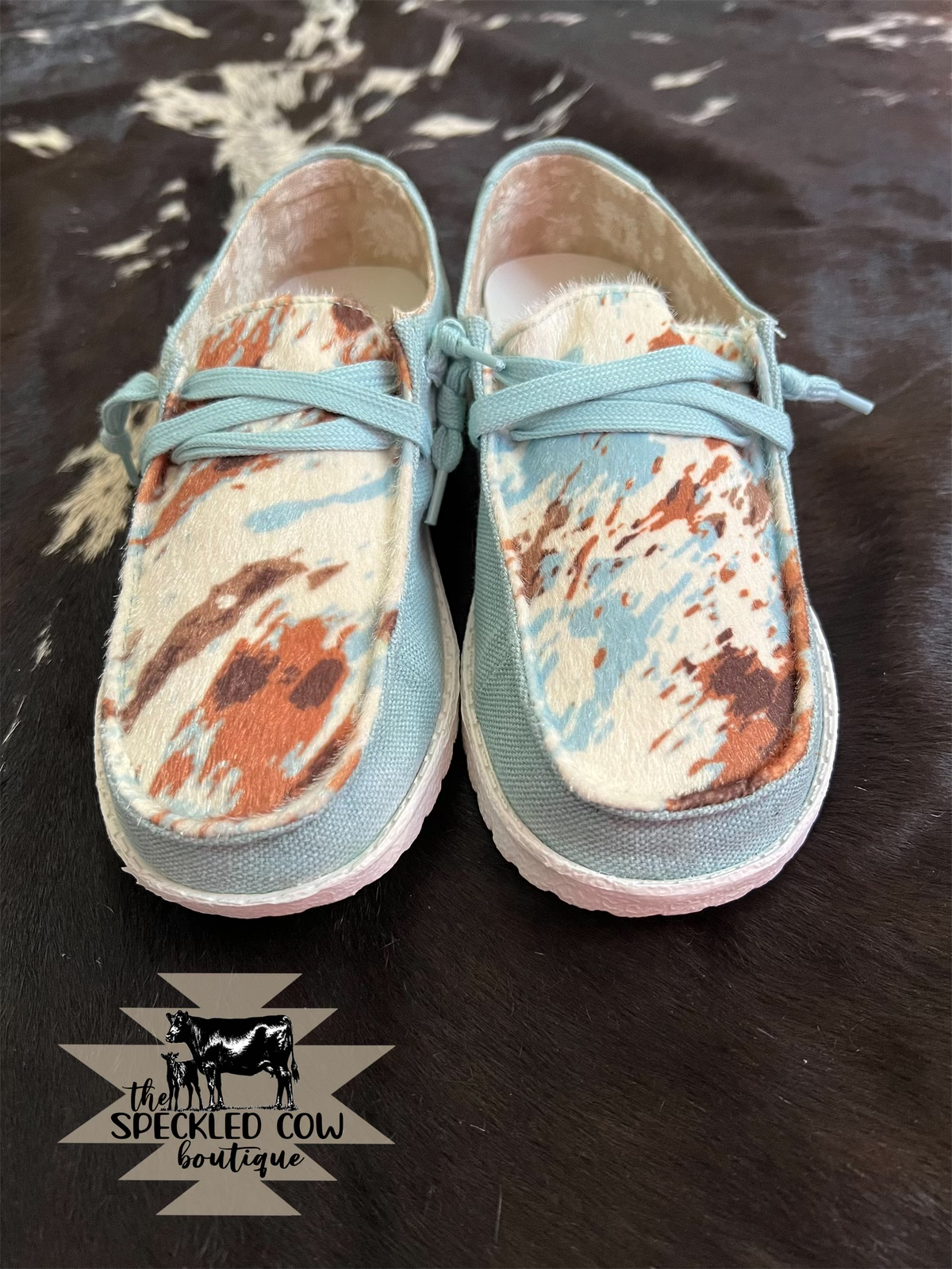 Turquoise and Cow Print Gypsy Jazz Shoes