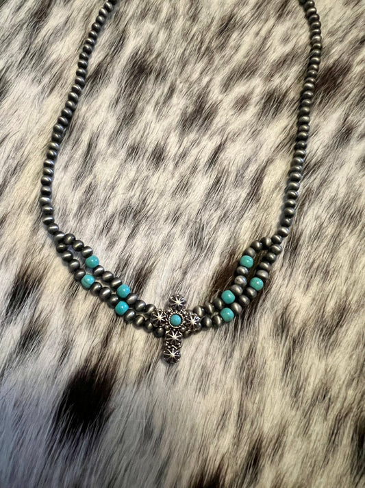 Short Cross and Navajo Pearl Necklace