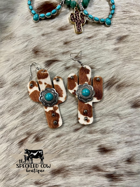 Cow Print Cactus Leather Earrings