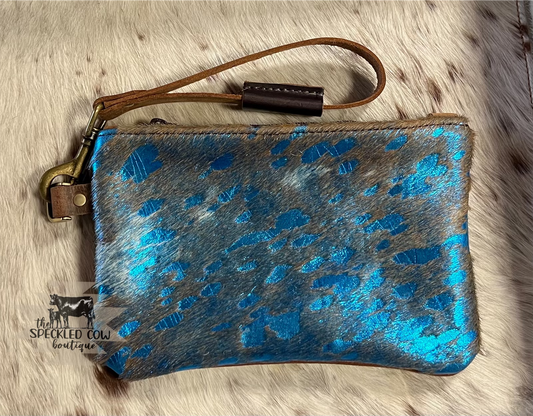 Small Metallic Blue and Brown Hair on Hide wristlet