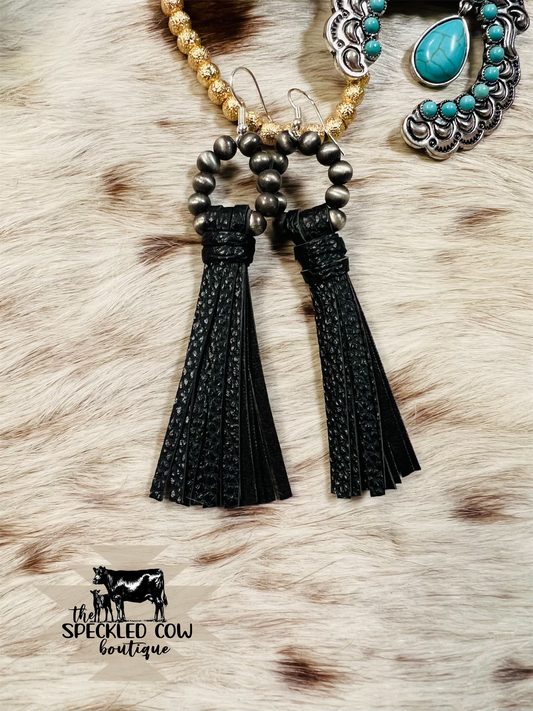 Navajo Pearl and Black Tassel Earrings