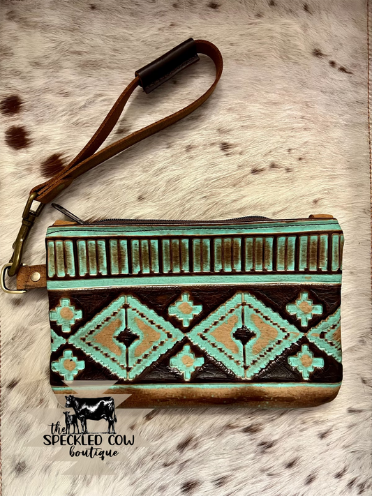 Small Turquoise and Brown Aztec Wristlet
