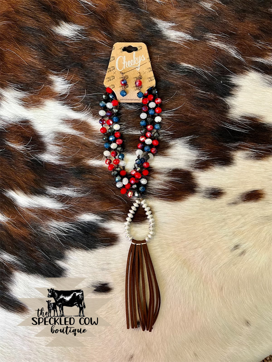 Americana Necklace and earring set with Brown Leather Fringe