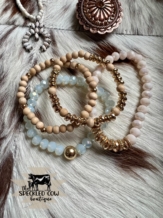 Wood, Cream and Gold 4 Bracelet Stack
