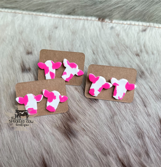 Hot pink and white Cow polymer clay earrings